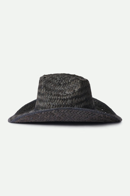 Profil du chapeau noir en paille tressée posé seul – style cowboy avec tressage large