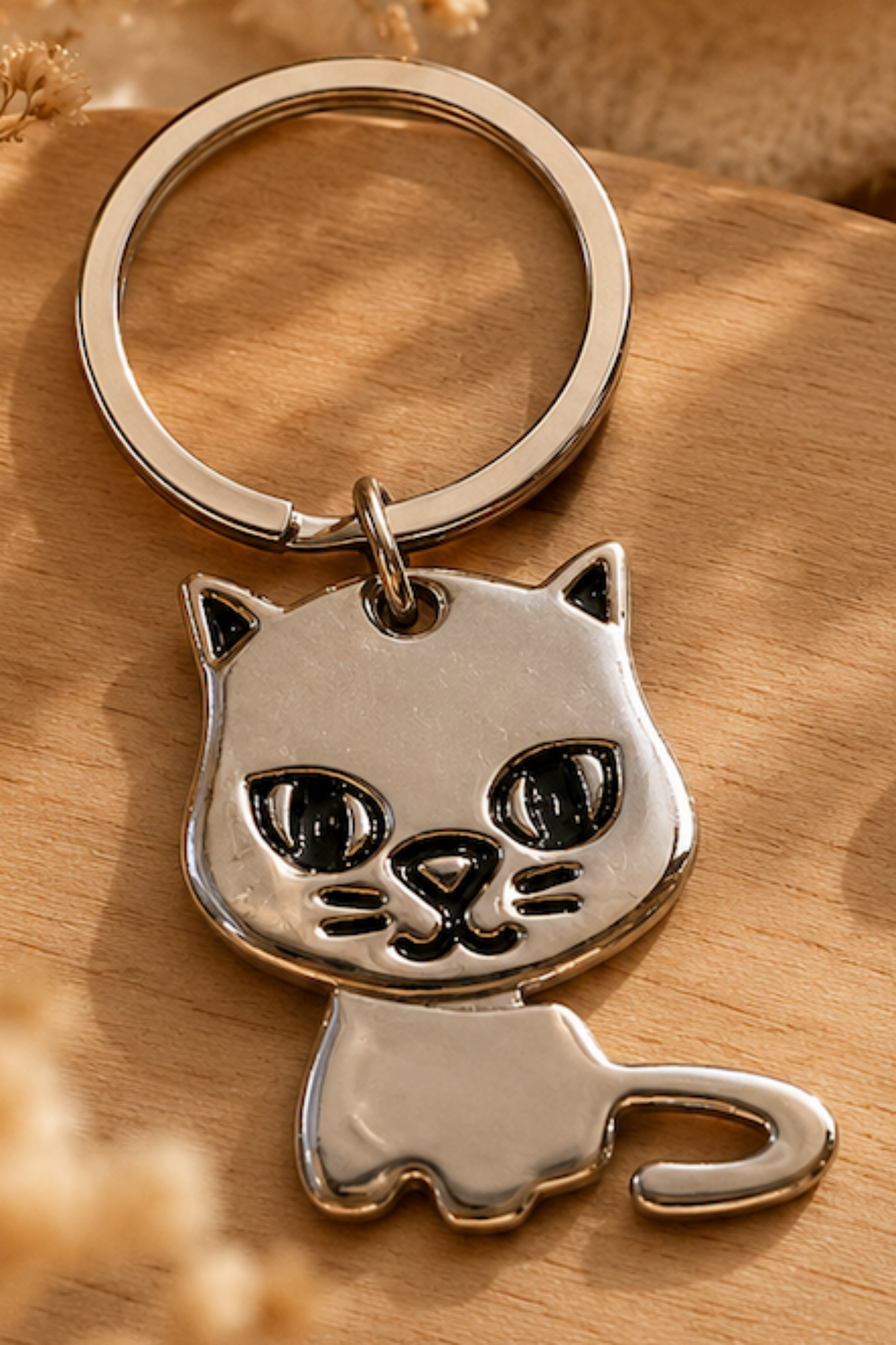 Porte-clés Chat Argent en acier inoxydable avec fini brillant et détails mobiles.