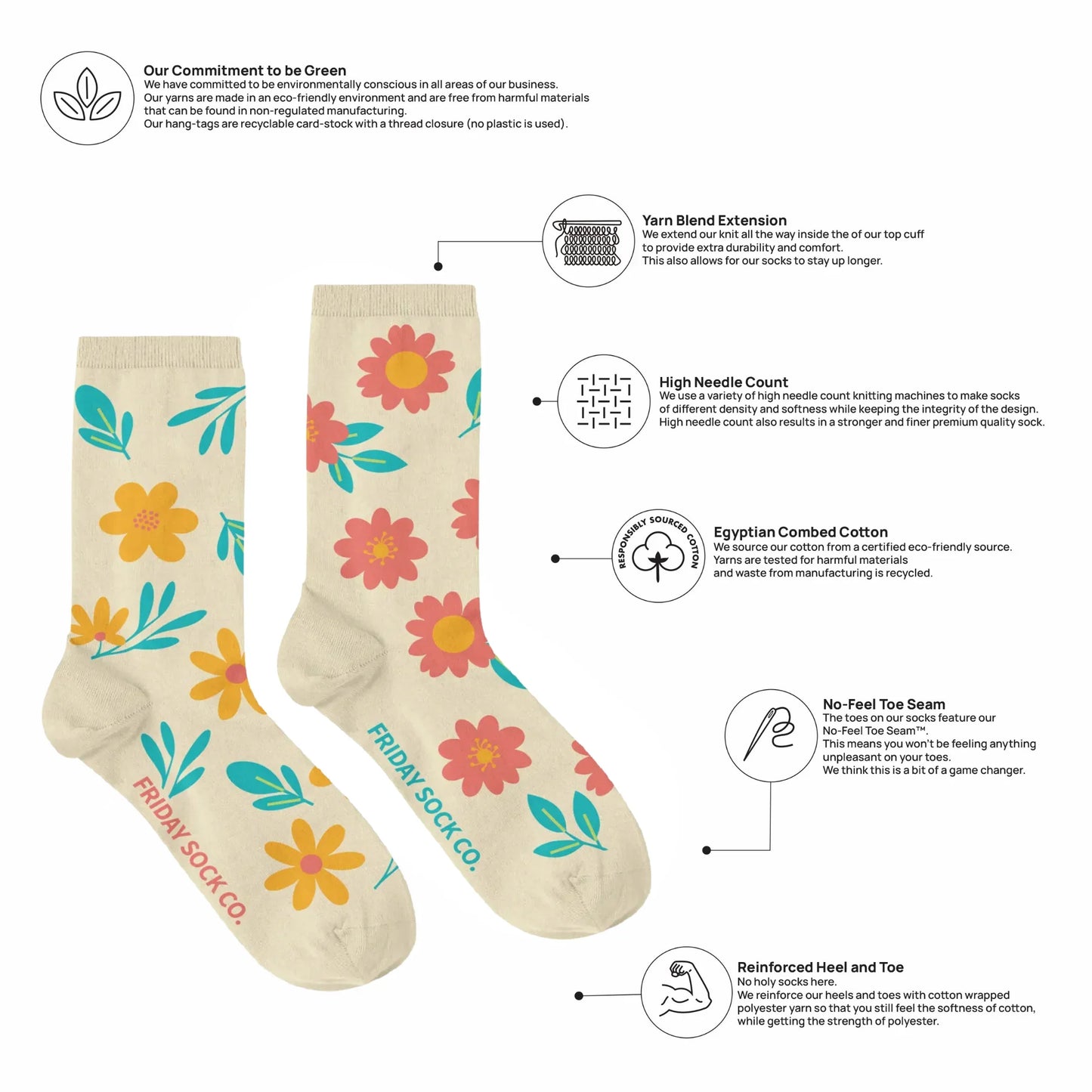Fleurs amusantes chaussettes crème en coton égyptien