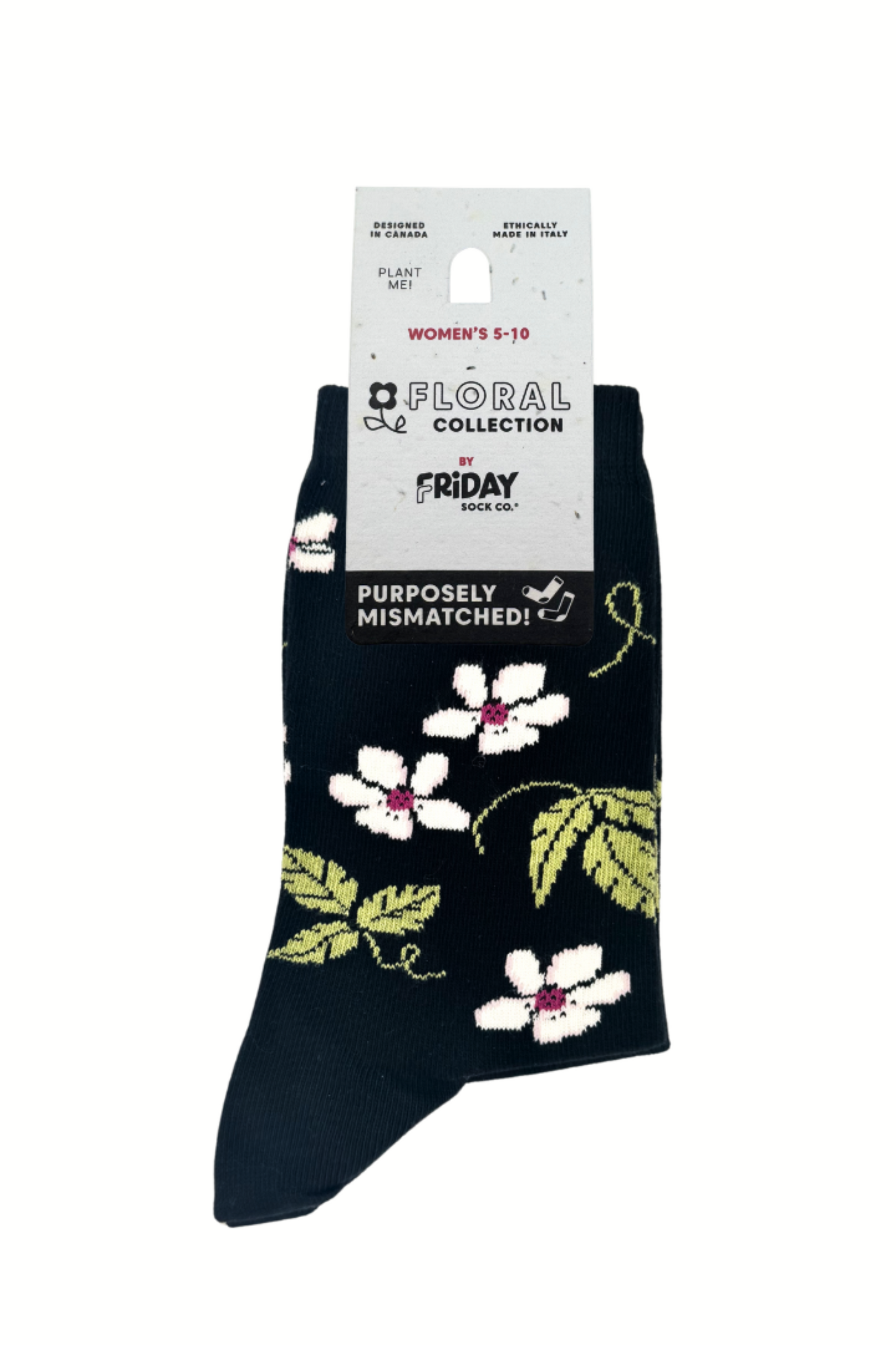 Chaussettes noires a motifs fleurs et framboises avec design depareille