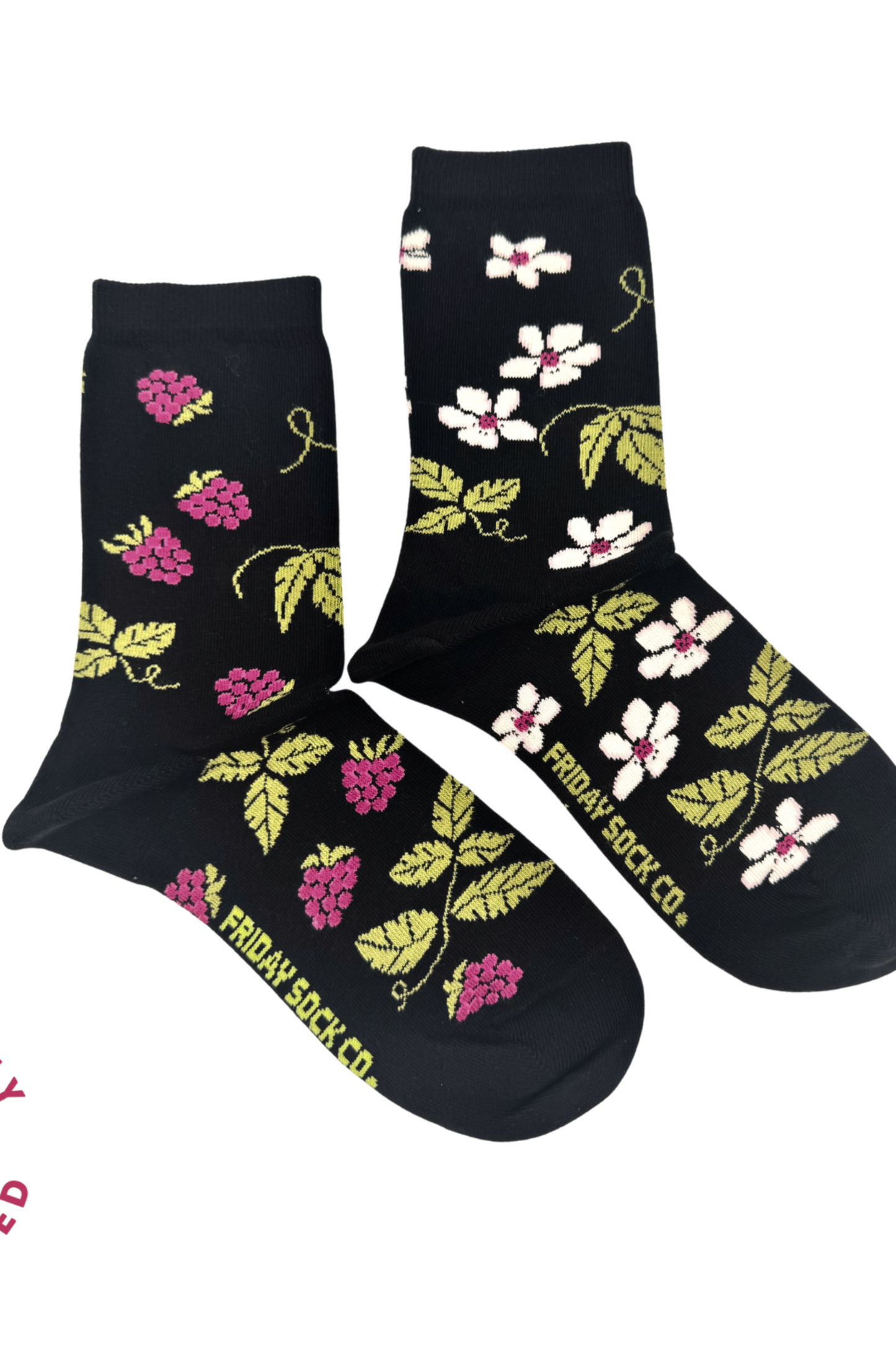 Chaussettes depareillees a motifs fleurs et framboises vue produit complet
