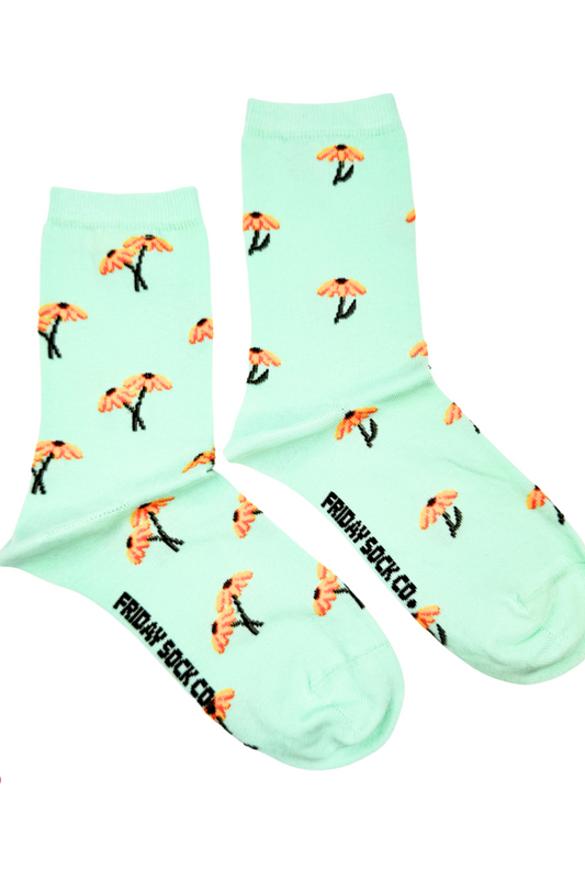 Chaussettes vert menthe à motifs fleurs rudbeckie en coton doux