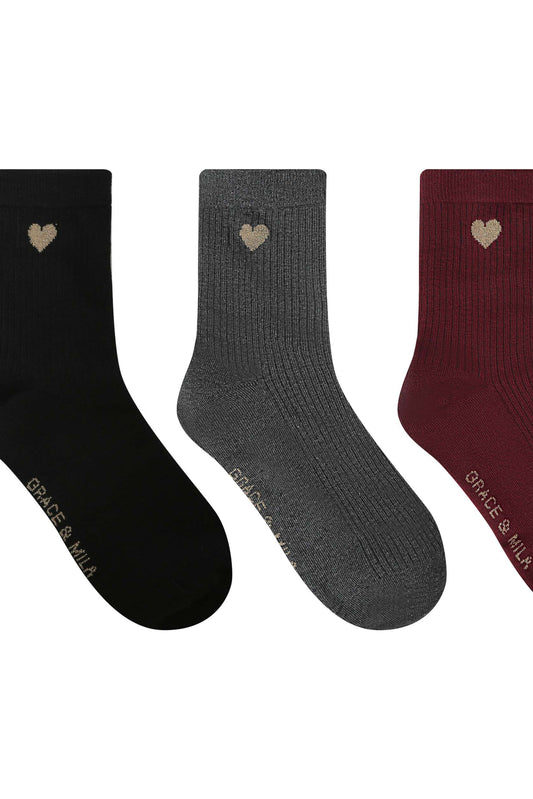 Trio de chaussettes multicolores avec cœur brodé 