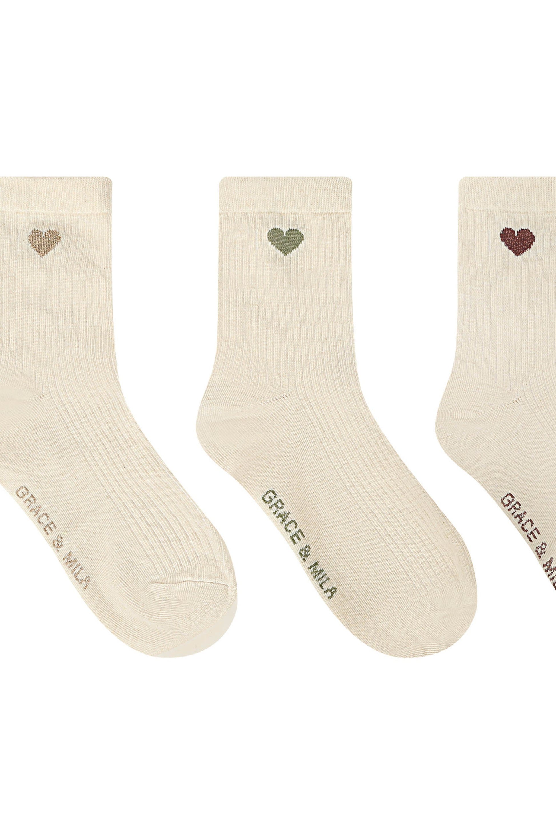 Trio de chaussettes Romane en coton avec cœurs brodés colorés