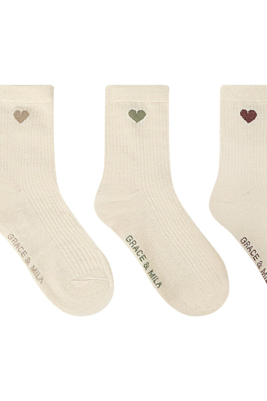 Trio de chaussettes Romane en coton avec cœurs brodés colorés