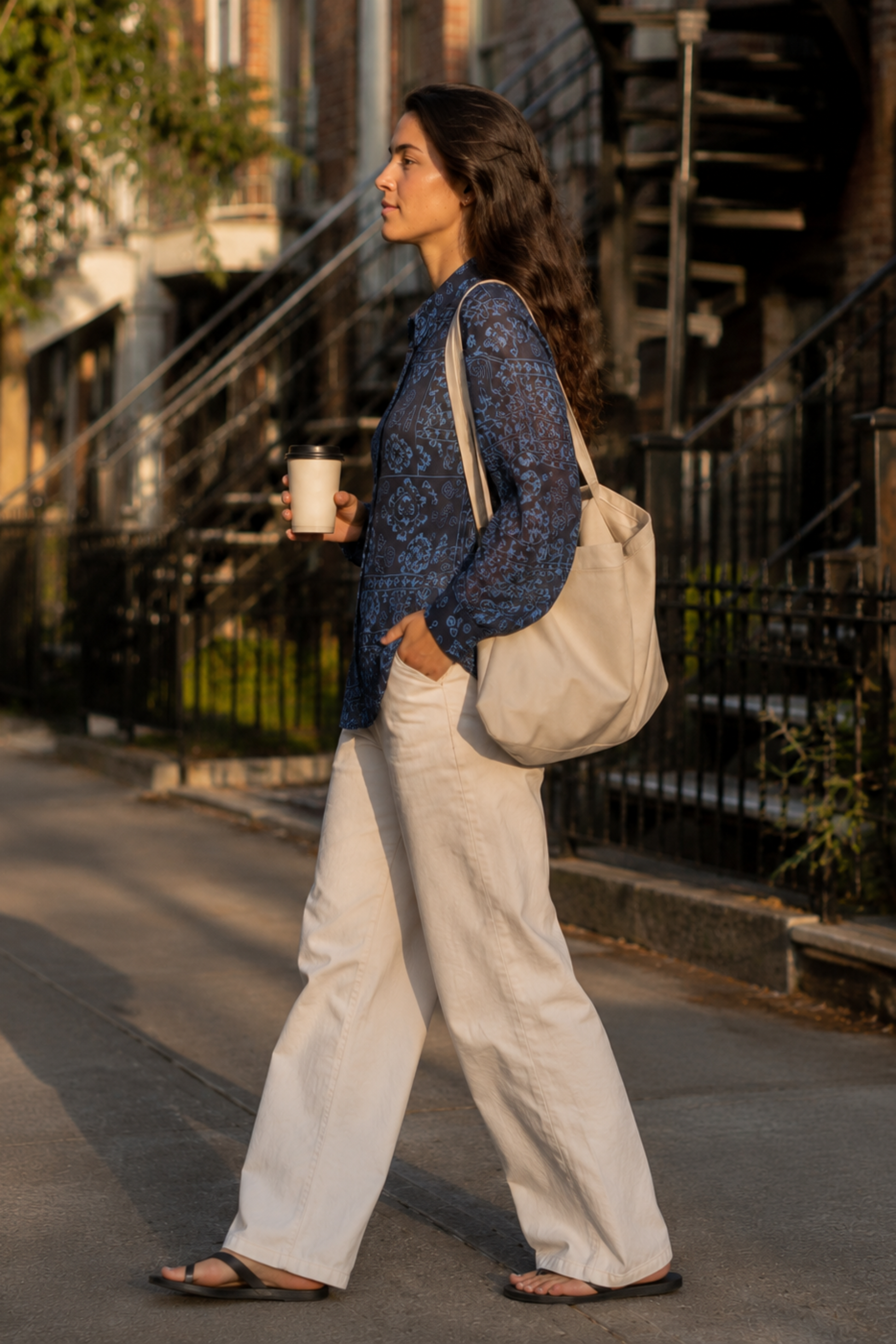 Blouse Claire Bleu portée de côté en promenade, tissu en viscose léger et manches longues fluides.
