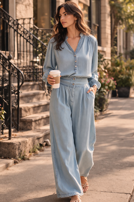 combinaison bleu fluide pantalon large portee en rue avec sandales + tenue elegante et confortable