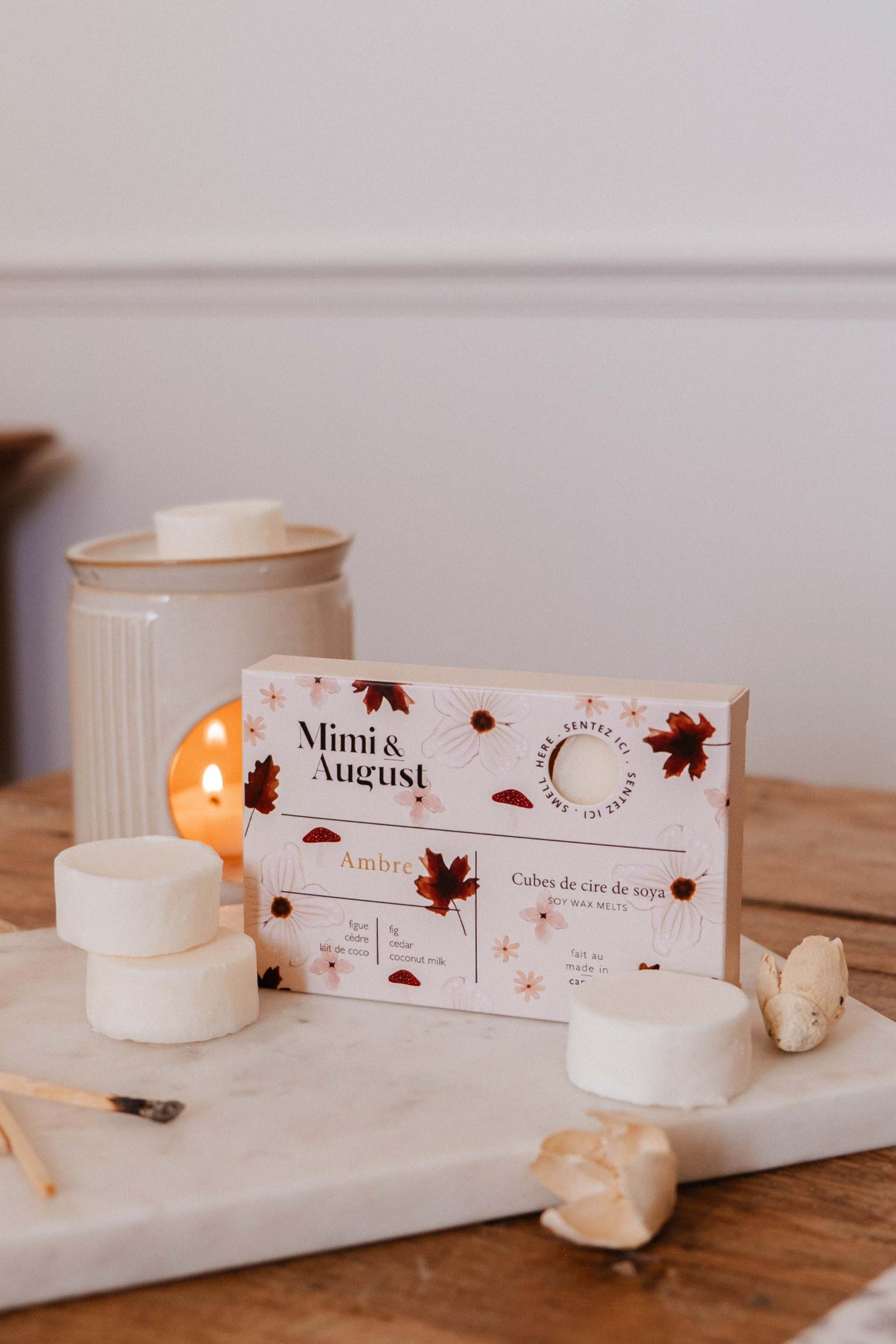 boîte des cubes de cire de soya Ambre – packaging floral automnal