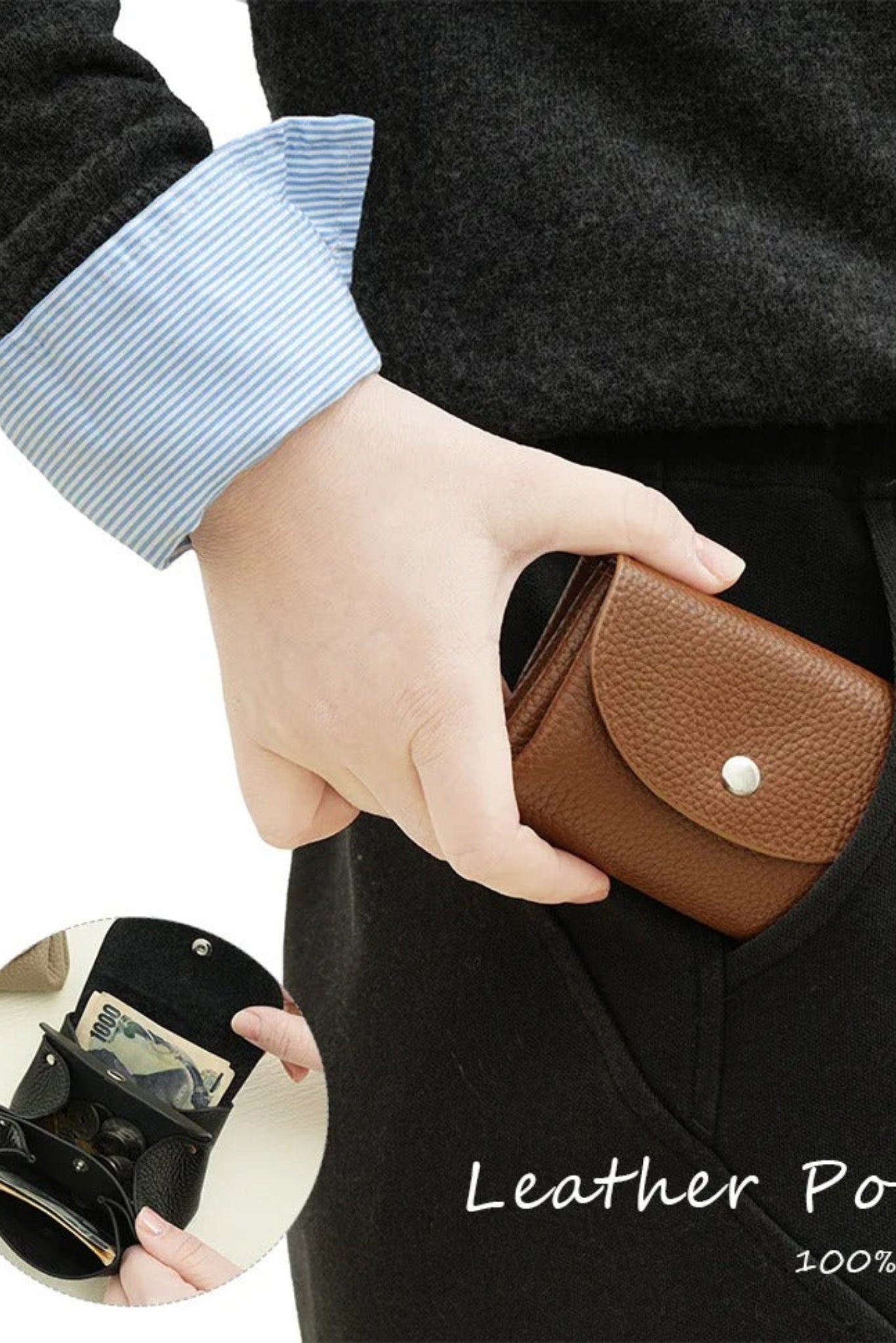 Porte-monnaie en cuir porté dans une poche pour illustrer son format compact