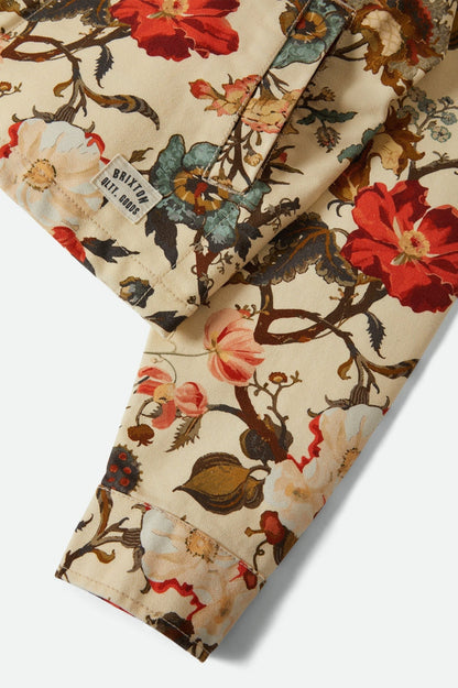 Gros plan sur la poche de la veste Lily, tissu floral de la veste Lily, coton texturé imperméable