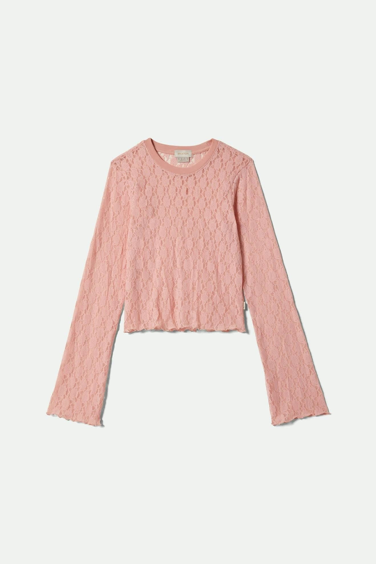 Haut Dolly en dentelle rose vu à plat – coupe ajustée et manches évasées