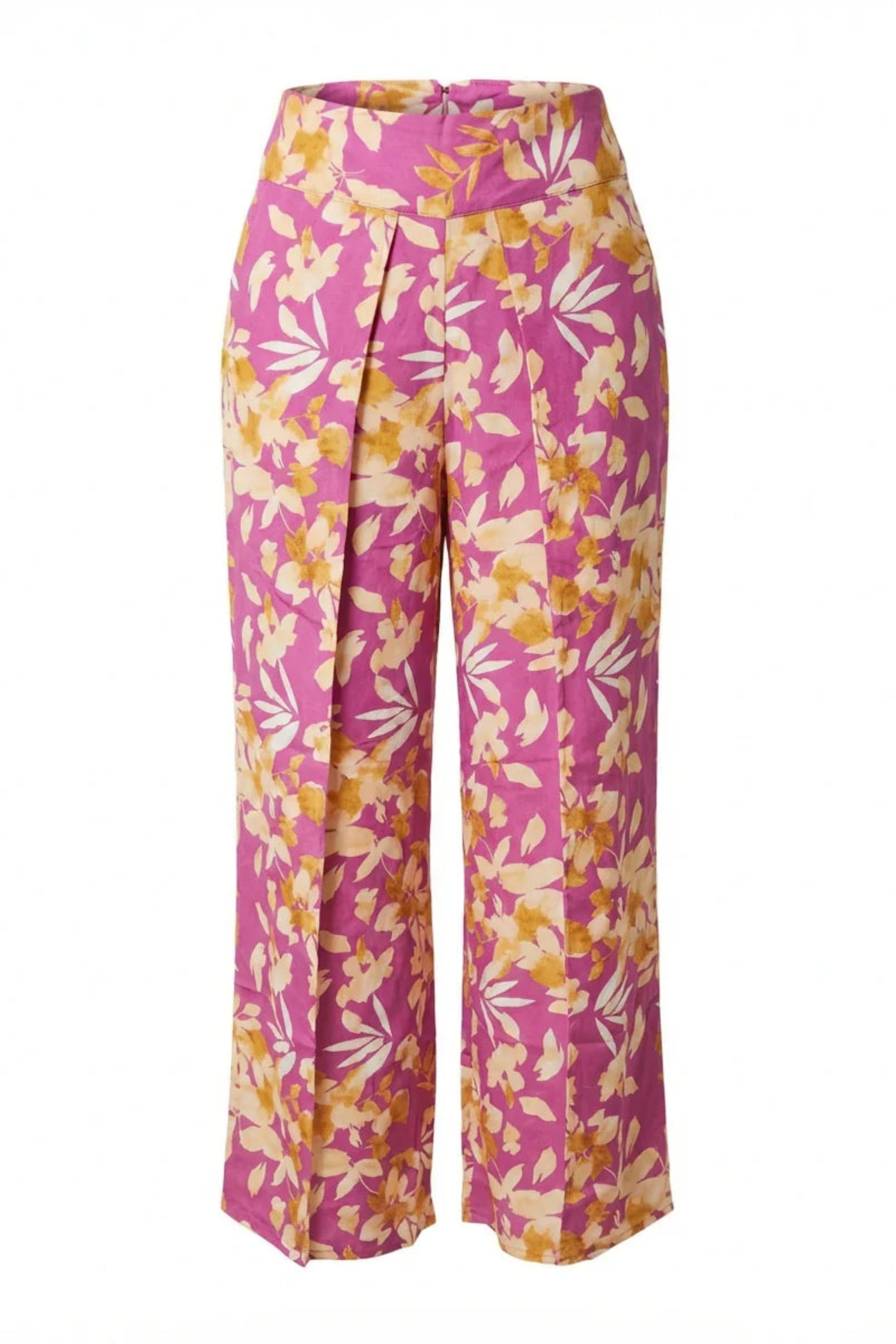 Pantalon Dubai rose présenté seul, avec imprimé floral, plis à l’avant, taille élastique et coupe fluide.