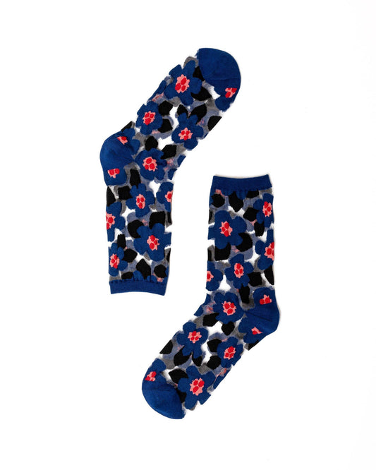 Chaussettes ras du cou transparentes à motif floral bleu vif: Taille I : convient aux modèles US W5.5-10