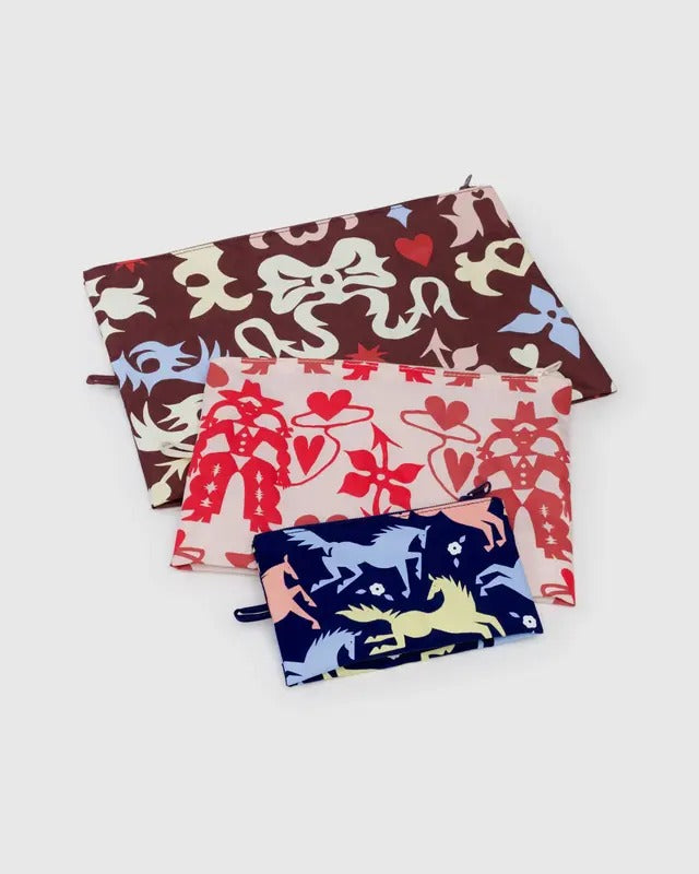 Ensemble de 3 pochettes Baggu Découpage Western – Grand, moyen et petit formats à plat