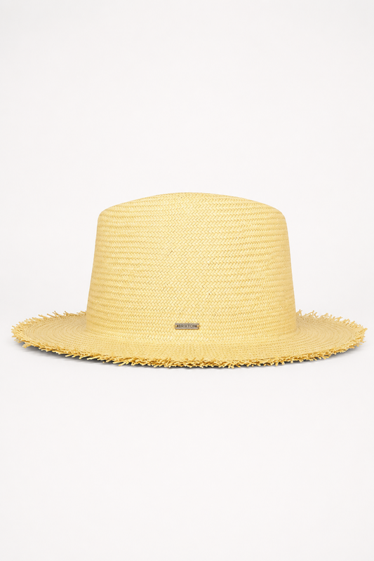 Chapeau Filly en paille vu de côté avec forme structurée, large bord frangé et finition naturelle.