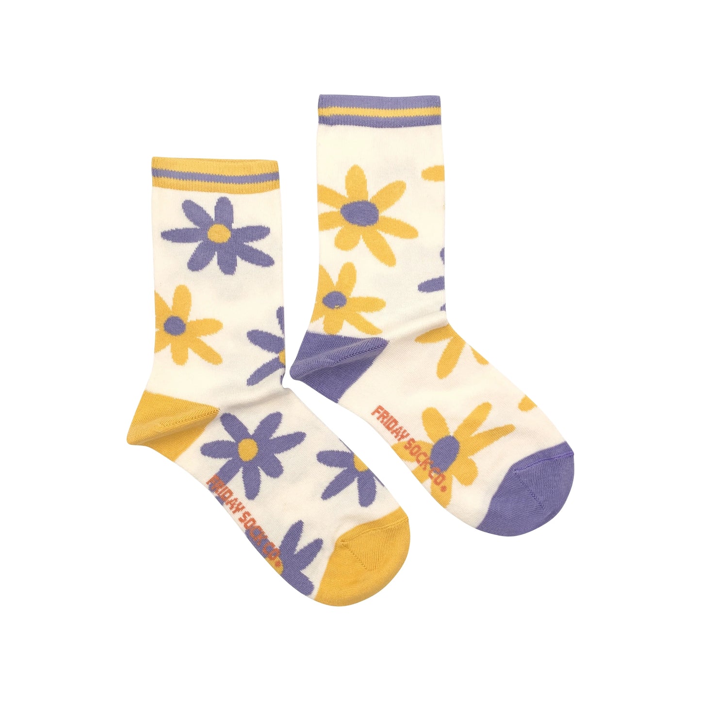 Chaussettes crème avec fleurs jaune et violet – coupe mi-haute