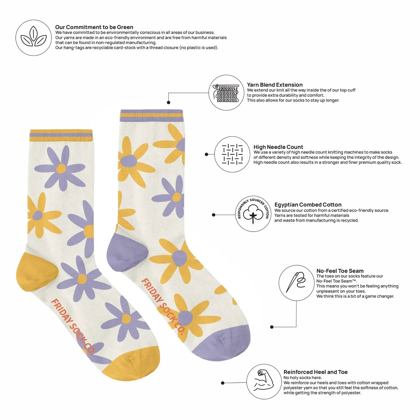 Fleurs jaunes et violettes chaussettes crème en coton égyptien