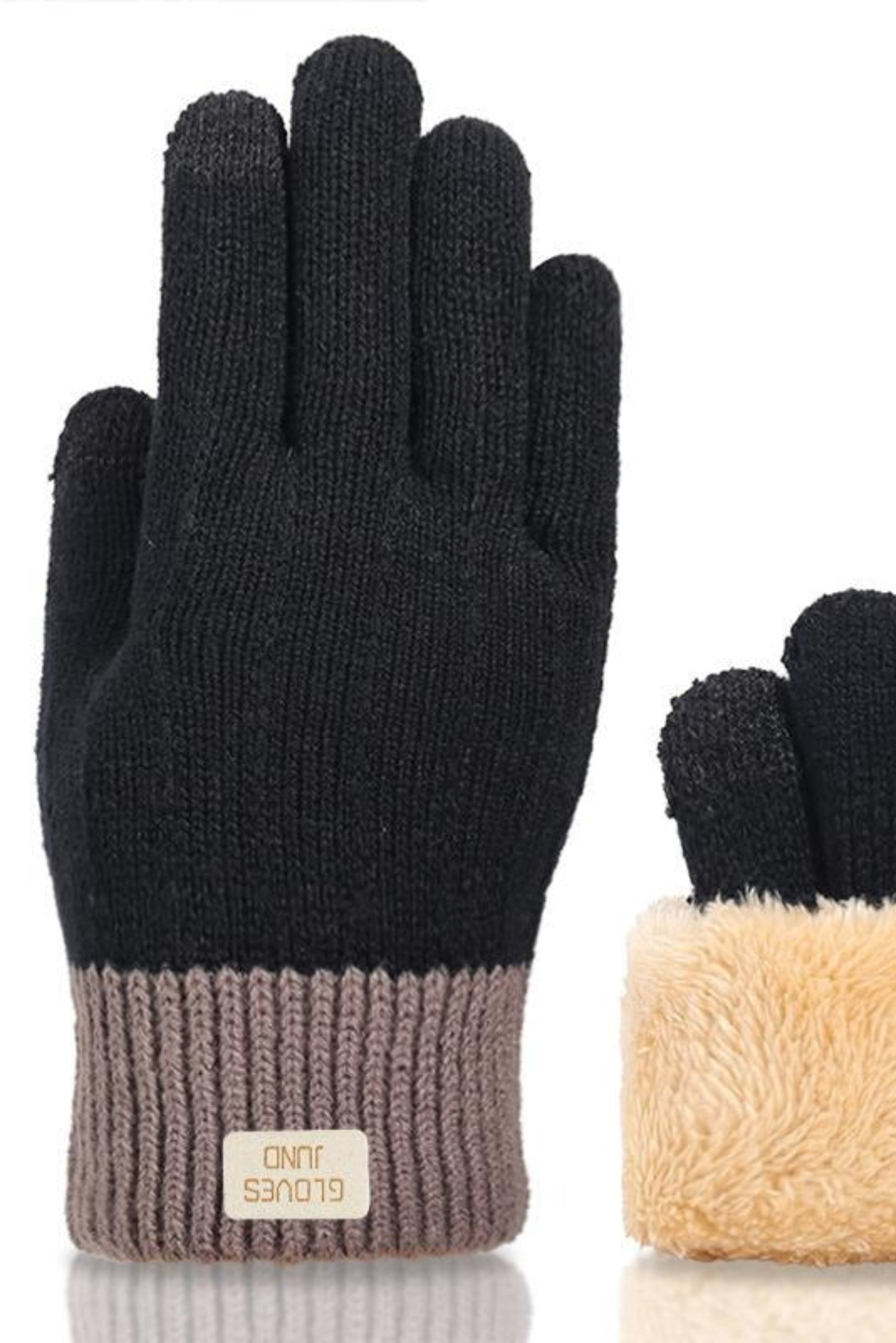 gants noirs chauds avec poignet cotele