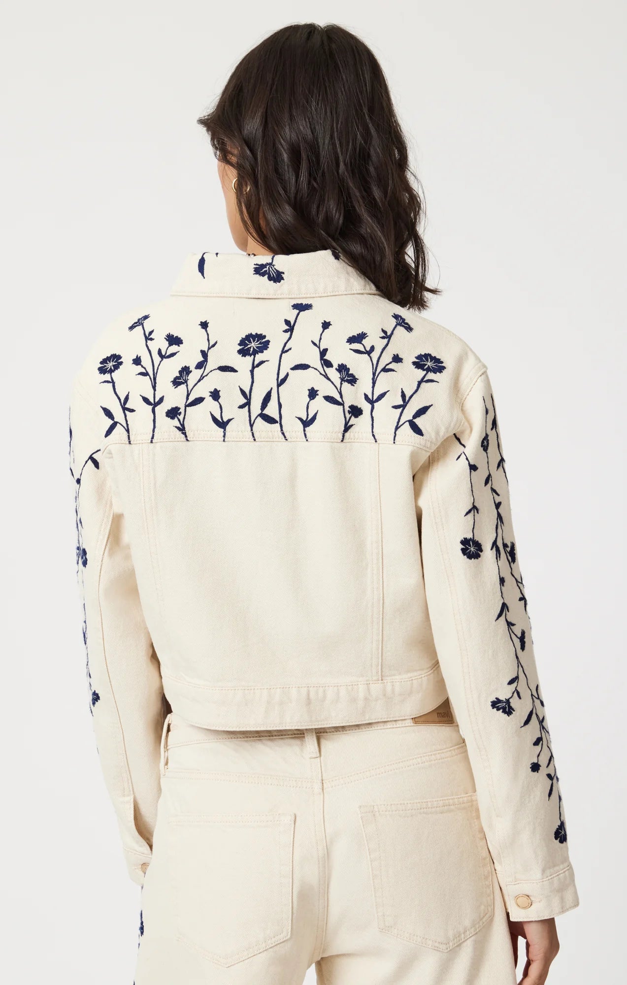 Harmonie Veste Courte Beige en Denim Brodé Fleurs Bleues