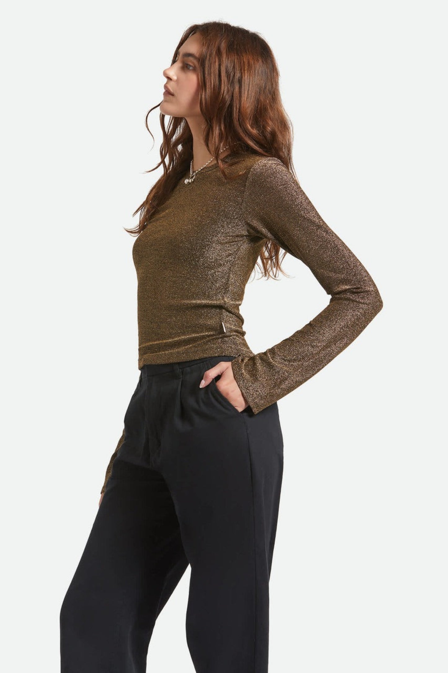 Profil du haut Donna doré à manches longues, tissu brillant