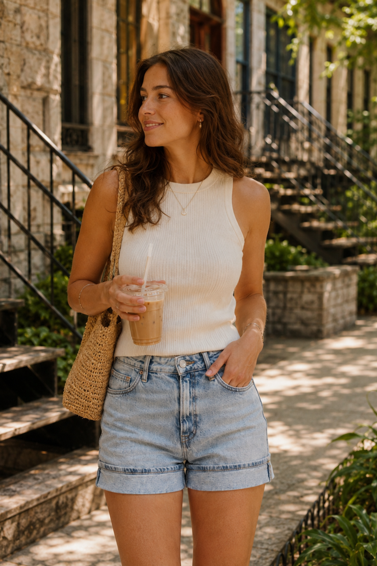 Short Heidi Bleu porté de face avec camisole blanche, taille haute et style denim rétro estival.