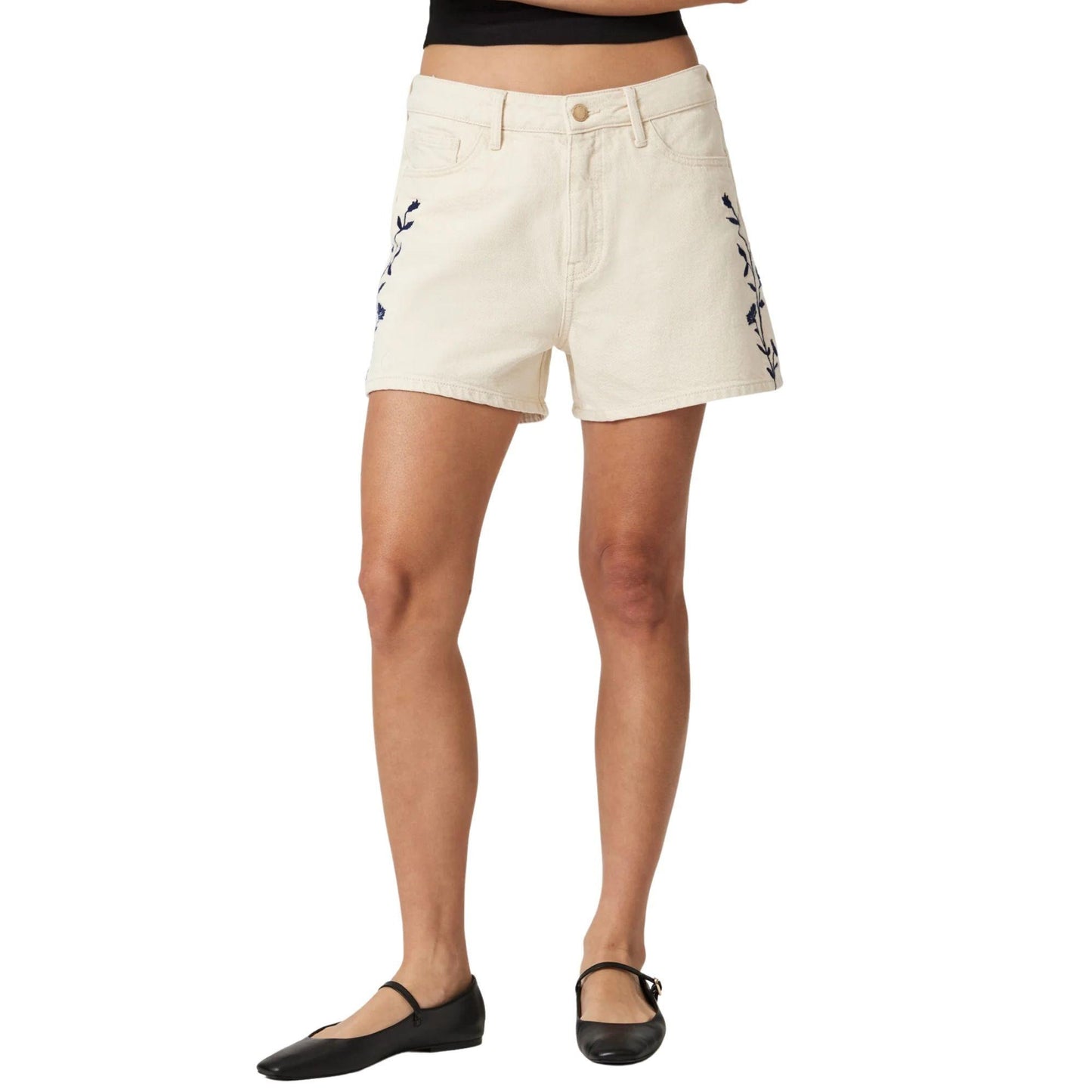Heidi ShortTaille Haute Beige en Denim Brodé Fleurs Bleues