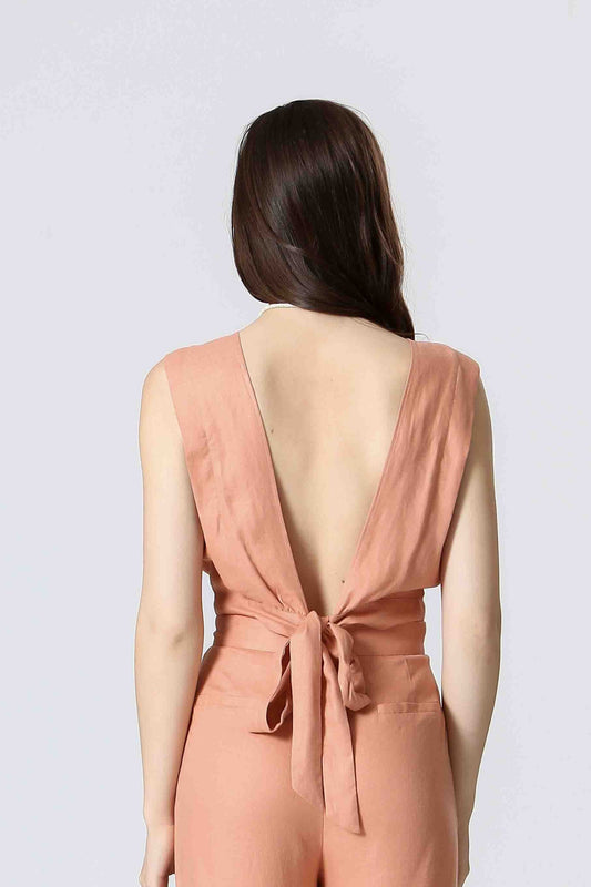 Dos ouvert du haut Jasmine pêche avec décolleté plongeant et lien à nouer