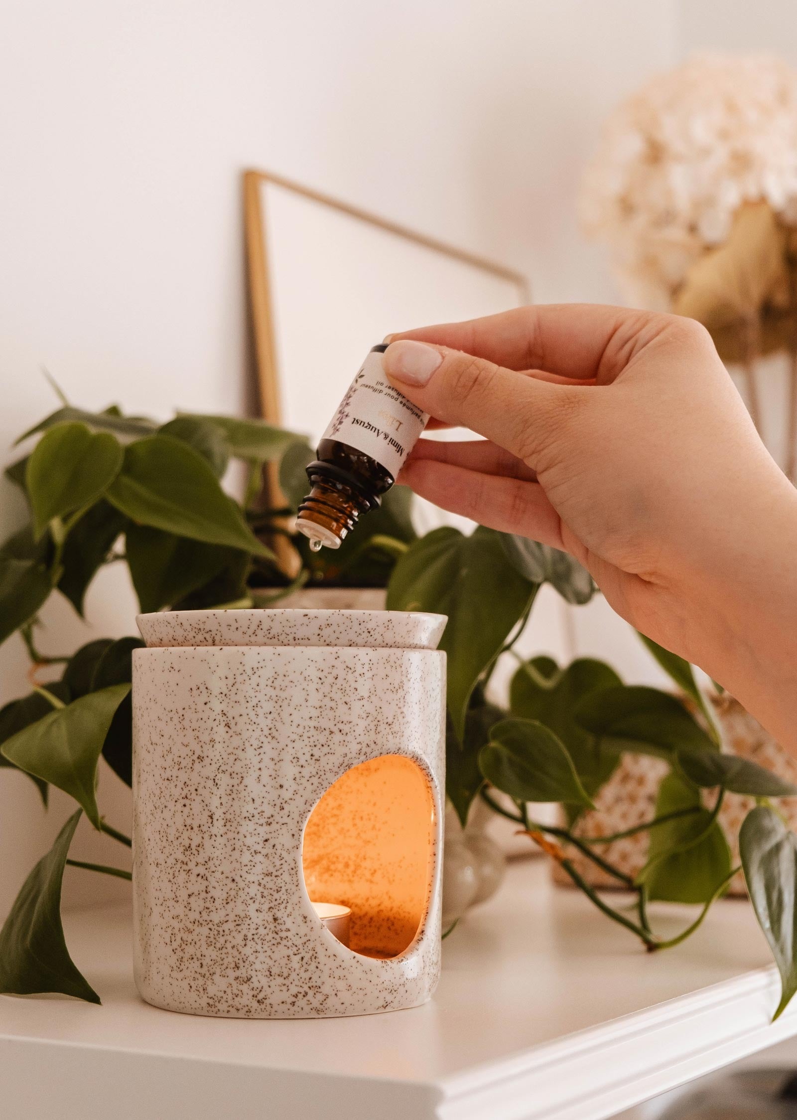 Sur cette photo, on peut voir quelqu'un tenir la bouteille d'huile parfumée et faire tomber quelques gouttes dans un diffuseur d'huile essentielle à bougie de chez Mimi & August. En arrière-plan, on peut voir une plante.