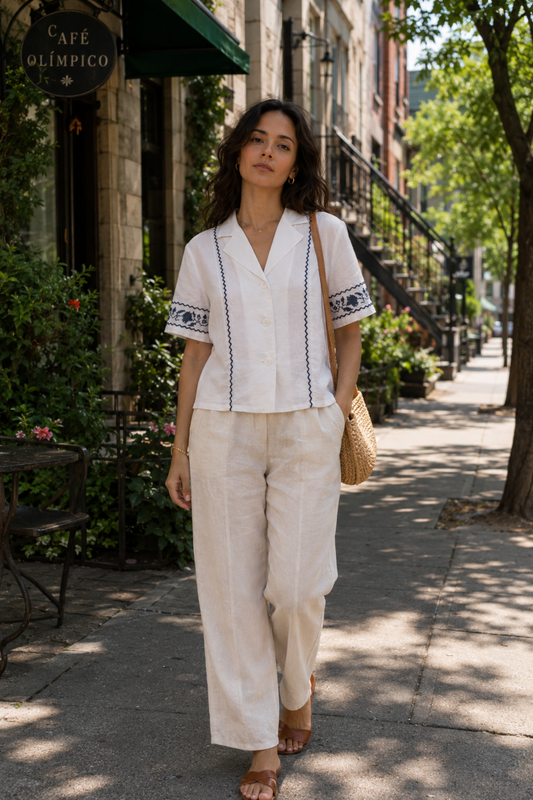 Femme portant le haut Maya blanc en coton dans une rue de Montréal, avec broderies noires, col chemise et coupe courte estivale.