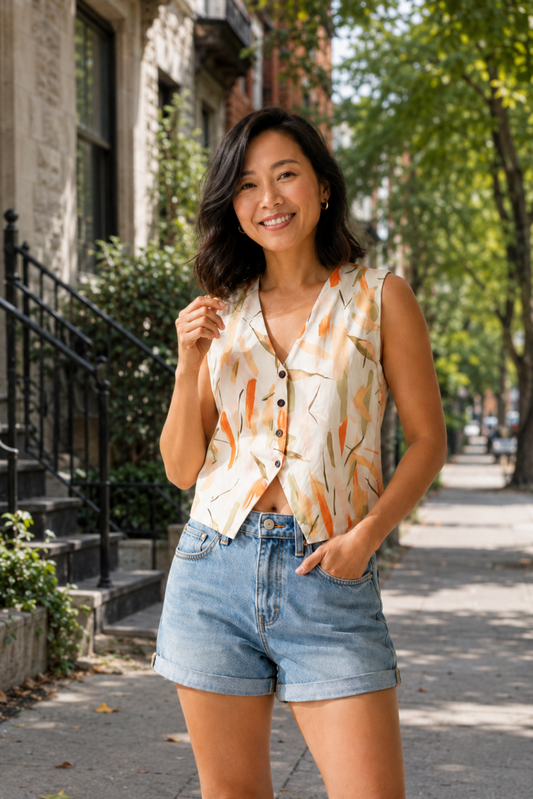 Femme portant la camisole Meli orange avec un short en denim, encolure en V, boutons devant et imprimé estival coloré.