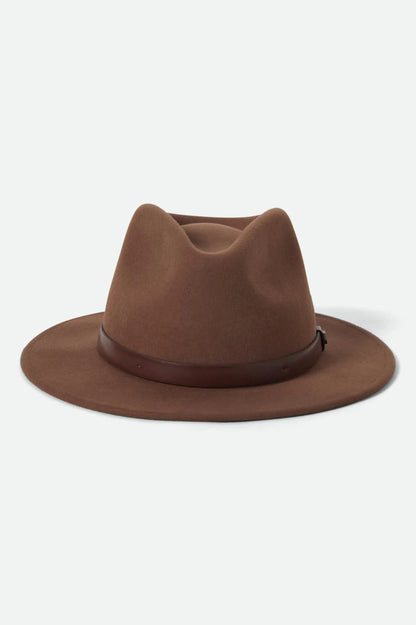 Chapeau Messer sépia vu de face avec couronne en forme de larme, bord droit et bracelet en similicuir.