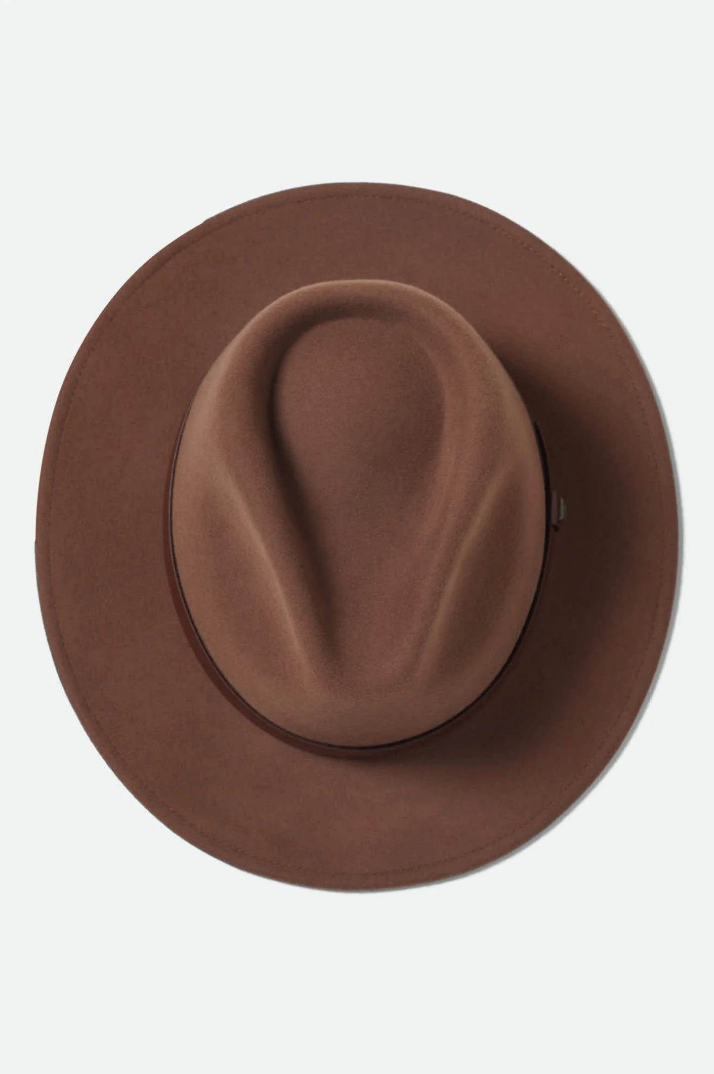 Chapeau Messer sépia vu du dessus avec couronne structurée en forme de larme et bord droit.