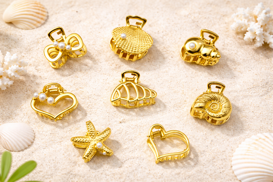 ensemble de mini pinces dorees formes coquillage etoile coeur et noeud + collection ete chic