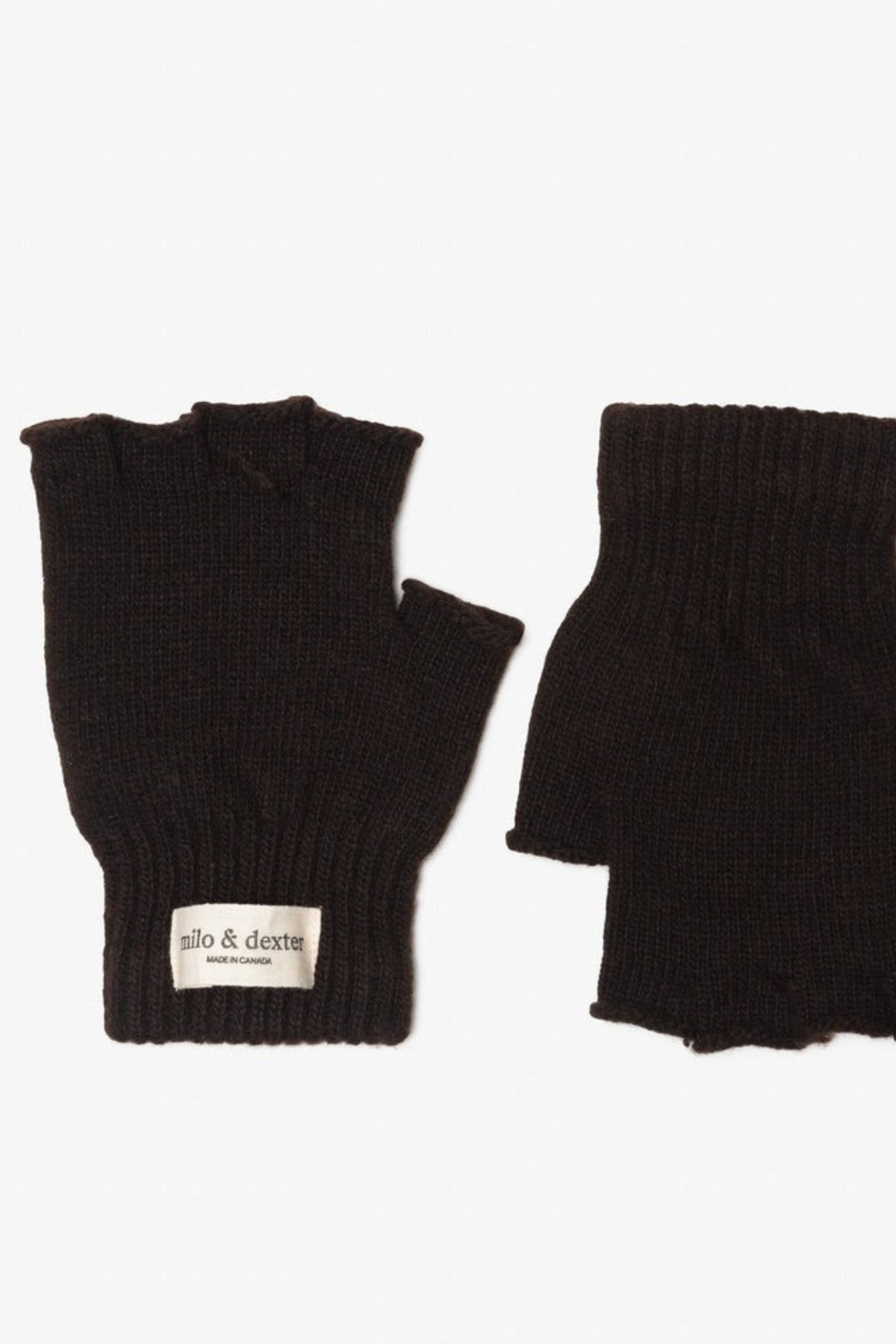 Mitaines sans doigts chocolat en laine mérinos fabriquées au Canada