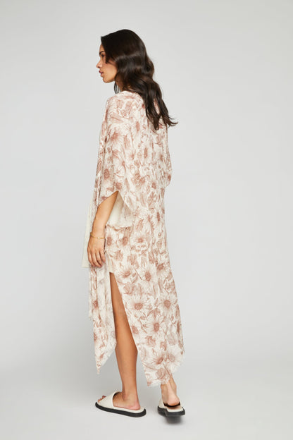 Kimono fluide Mozart brun vu de dos, imprimé floral brun et beige avec tombé vaporeux.