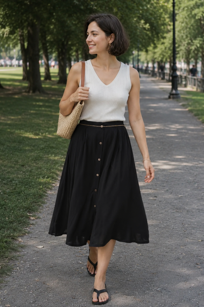 Jupe midi Orchidée noir portée de face avec boutons à l’avant, coupe fluide et style chic estival.