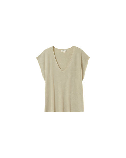 Haut en maille lurex beige vu de face, col V et coupe large