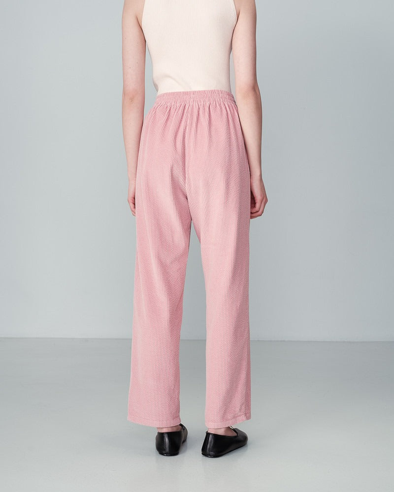 Pantalon velours côtelé en coton rose avec taille élastique et cordon de serrage à la taille 