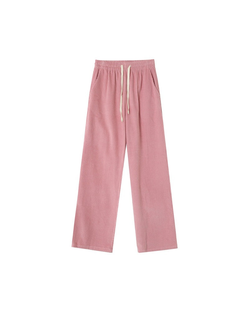 Pantalon velours côtelé en coton rose avec taille élastique et cordon de serrage à la taille 