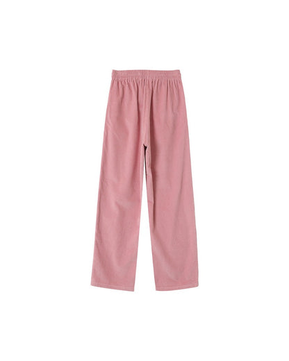 Pantalon velours côtelé en coton rose avec taille élastique et cordon de serrage à la taille