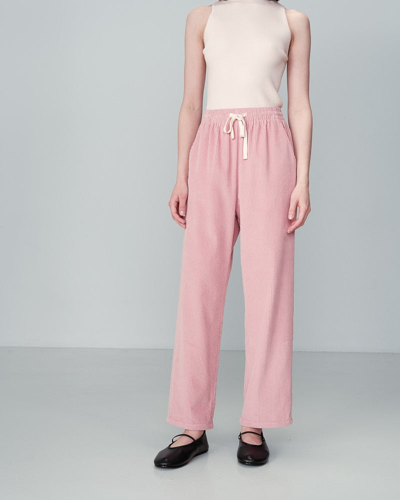 Pantalon velours côtelé en coton rose avec taille élastique et cordon de serrage à la taille 