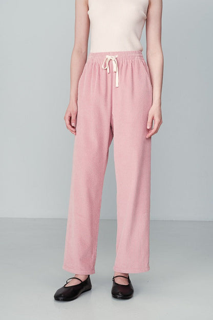 Pantalon velours côtelé en coton rose avec taille élastique et cordon de serrage à la taille