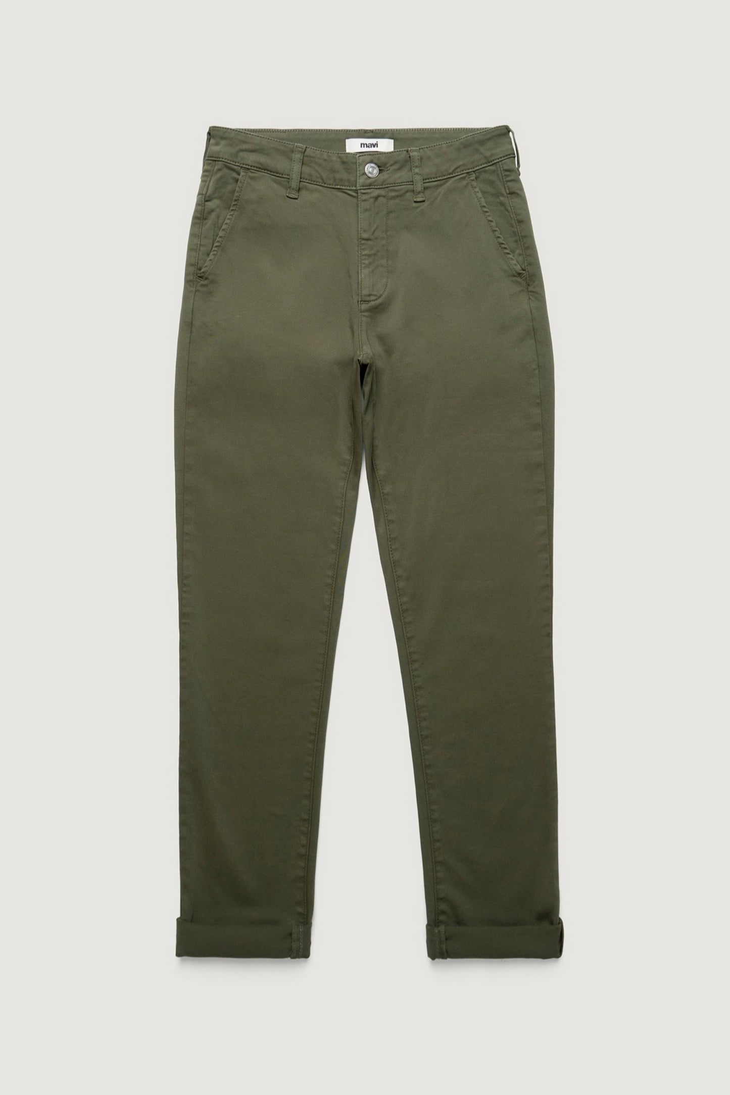 Pantalon slim boyfriend vert kaki présenté à plat - coupe droite et revers bas de jambe