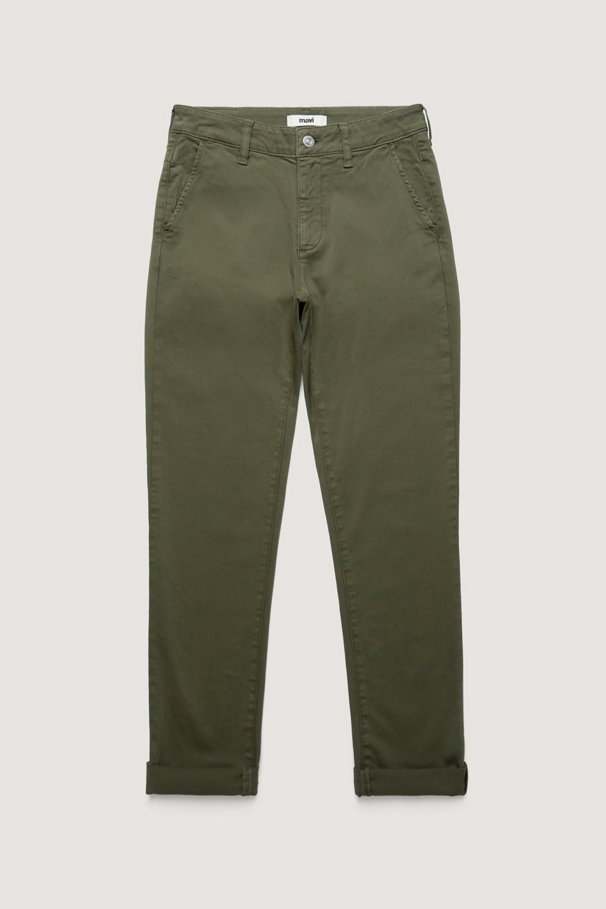 Pantalon slim boyfriend vert kaki présenté à plat - coupe droite et revers bas de jambe