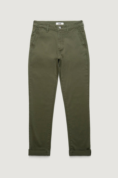 Pantalon slim boyfriend vert kaki présenté à plat - coupe droite et revers bas de jambe