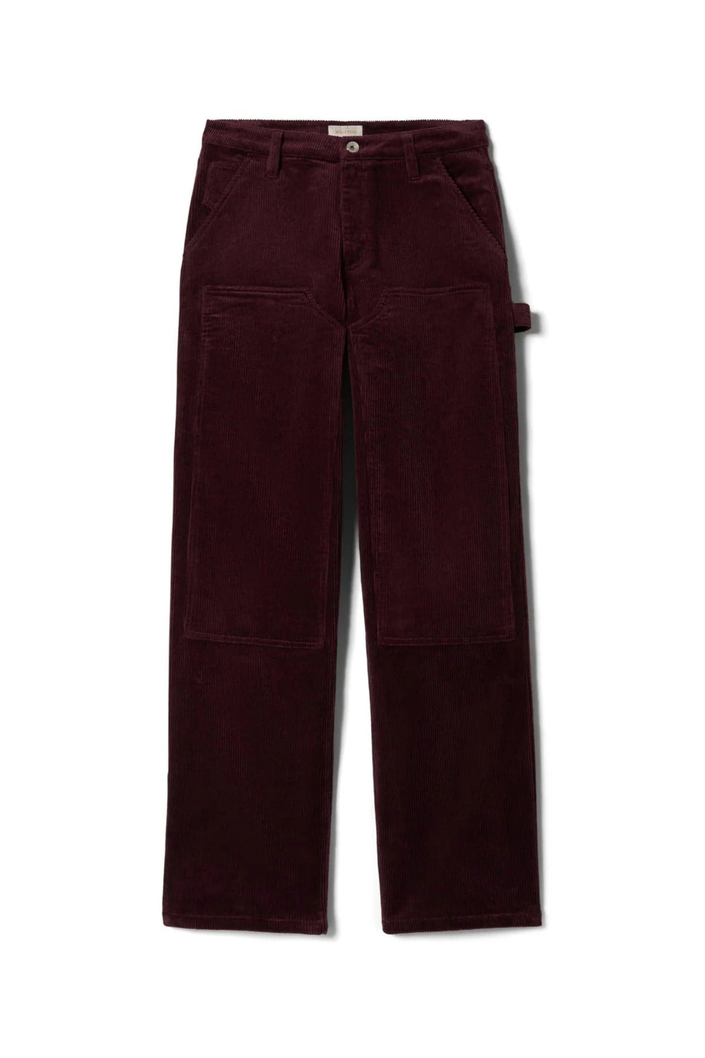 Vue à plat du pantalon utilitaire bourgogne en velours côtelé, poches multiples et coupe confortable