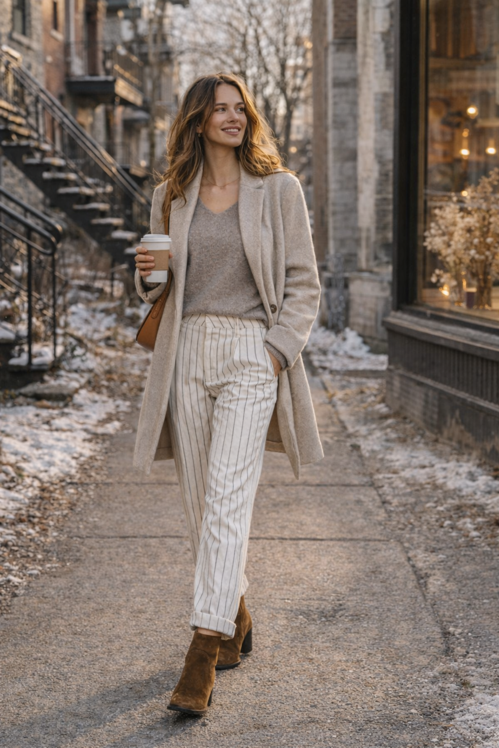 Pantalon blanc a fines rayures verticales porte en look urbain chic taille haute coupe decontractee