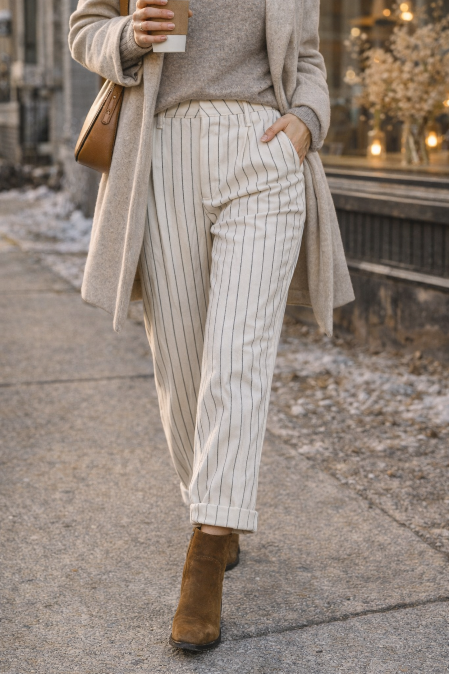 Pantalon blanc raye taille haute porte en marchant avec bottines coupe decontractee jambe effilee