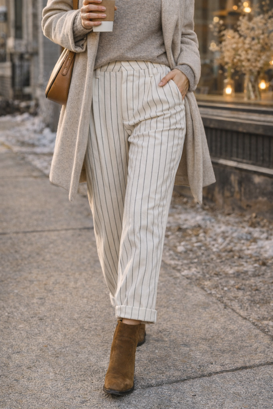 Pantalon blanc raye taille haute porte en marchant avec bottines coupe decontractee jambe effilee