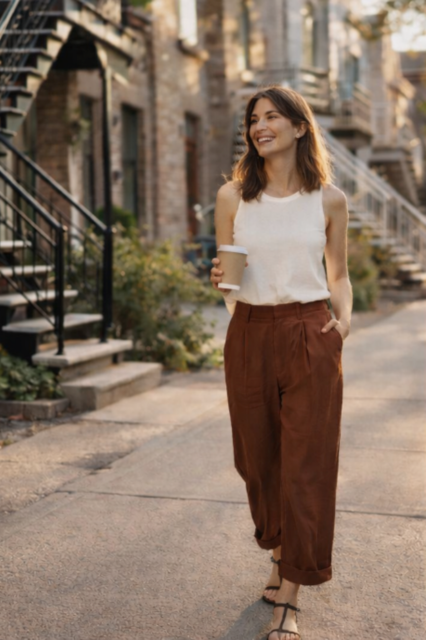 Pantalon brun coupe decontractee porte en look urbain chic taille haute